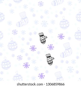 Light Purple vector seamless template with ice snowflakes, balls, socks, mittens. Glitter abstract illustration with gradient. Template for business cards, websites.