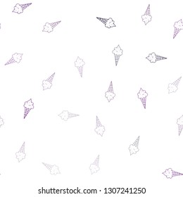 Light Purple vector seamless template with tasty ice-cream. Illustration with set of delicious sweet ice-cream cones. Pattern for ads of breakfast, lunch, dinner.