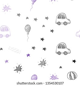 Light Purple vector seamless template in carnival style. Abstract illustration with a toy car, baloon, candy, star, ball. Design for colorful commercials.