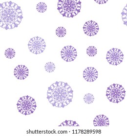 Light Purple vector seamless texture with colored snowflakes. Shining colored illustration with snow in christmas style. Pattern for design of fabric, wallpapers.