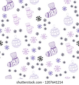 Light Purple vector seamless texture with colored snowflakes, balls, socks, mittens. Colorful decorative design in xmas style. Design for wallpaper, fabric makers.