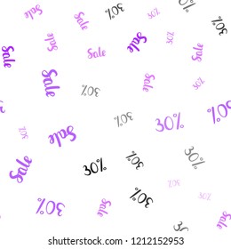 Light Purple vector seamless texture with selling prices 30 %. Colored words of sales with gradient on white background. Backdrop for super sales on Black Friday.