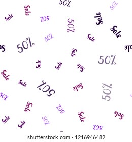 Light Purple vector seamless texture with selling prices 50 %. Gradient illustration with discount signs on white backdrop. Template for season sales, shopping ads.