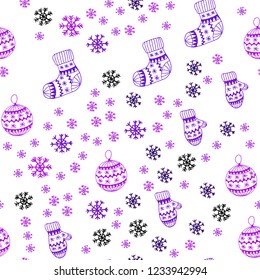 Light Purple vector seamless texture with colored snowflakes, balls, socks, mittens. Colorful xmas elements with gradient. Design for wallpaper, fabric makers.