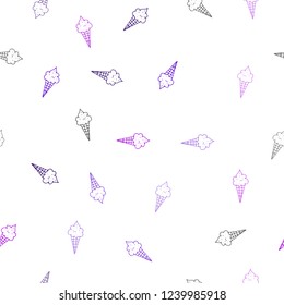 Light Purple vector seamless texture with delicious ice-cream. Decorative design of ice-cream cones in doodle style. Pattern for ad, booklets, leaflets of restaurants.