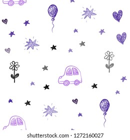 Light Purple vector seamless texture with birthday gifts. Colorful illustration with a toy car, heart, baloon, tulip, candy, ball. Pattern for new year ads.