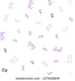 Light Purple vector seamless texture with selling prices 70 %. Illustration with signs of sales on abstract template. Backdrop for mega promotions, discounts.