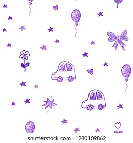 Light Purple vector seamless texture with birthday gifts. Colorful illustration with a toy car, heart, baloon, tulip, candy, ball. Template for new year postcards.