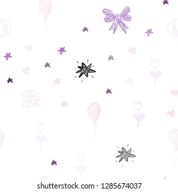 Light Purple vector seamless texture with birthday gifts. Colorful illustration with a toy car, heart, baloon, tulip, candy, ball. Pattern for birthday gifts.