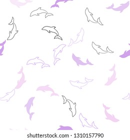 Light Purple vector seamless texture with dolphins. Decorative design in natural style with sea dolphins. Template for natural magazines.