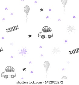 Light Purple vector seamless texture in birthday style. Abstract illustration with a toy car, baloon, candy, star, ball. Design for holiday adverts.