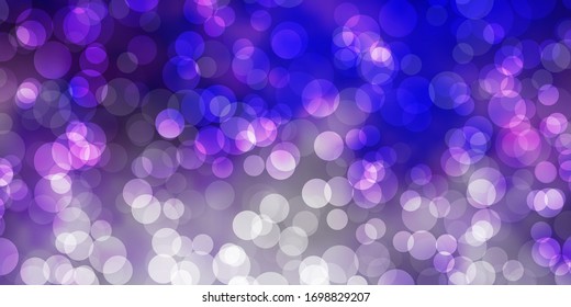 Plantilla vectorial púrpura clara con círculos. Ilustración colorida con puntos degradados en estilo natural. Patrón para papeles pintados, cortinas.