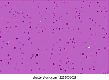 Plantilla de vector púrpura claro con cristales, círculos, cuadrados. Ilustración abstracta con puntos coloridos, líneas, cubos. Plantilla para fondos de pantalla.