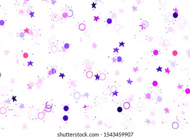 Light Purple vector template with doodle stars, suns. Modern geometrical abstract illustration with stars, suns. Pattern for futuristic ad, booklets.