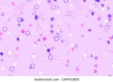 Light Purple vector template with doodle stars, suns. Blurred decorative design in simple style with stars, suns. Best design for your ad, poster, banner.