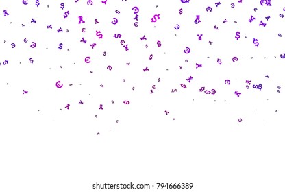 Light Purple vector template with Euro, Dollar, Yen. Blurred design in with symbols of EUR, USD, JPY. The pattern can be used as ads, poster, banner for payments.