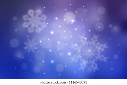 Light Purple vector template with ice snowflakes. Snow on blurred abstract background with gradient. The pattern can be used for new year leaflets.