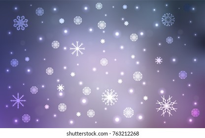 Light Purple vector template with ice snowflakes. Blurred decorative design in xmas style with snow. New year design for your business advert.