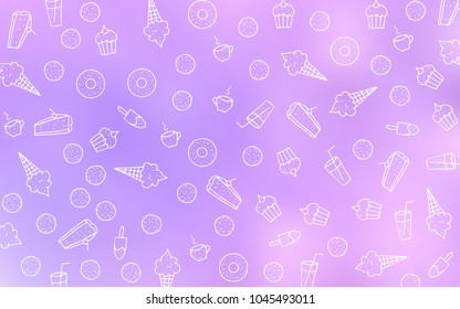 Light Purple vector template with sweet snacks. Illustration with set of sweet food in doodle style. Doodle design for your business advert of cafes.