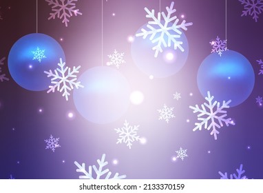 Textura de vector púrpura claro en estilo de cumpleaños. Ilustración con coloridos copos de nieve y bolas de Navidad. Patrón de anuncios, afiche, pancarta de libros.