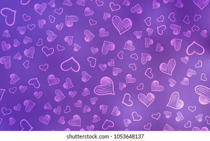 Light Purple vector texture with lovely hearts. Hearts on blurred abstract background with colorful gradient. Template for Valentine's greeting postcards.