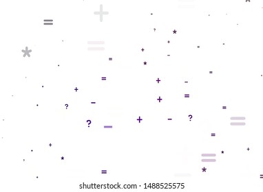 Light Purple vector texture with mathematic symbols. Colored mathematic signs with gradient on white background. Pattern for posters, banners of math books.