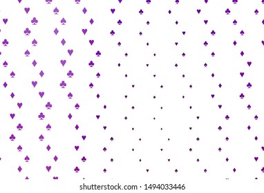 Light Purple vector texture with playing cards. Colorful gradient with signs of hearts, spades, clubs, diamonds. Pattern for booklets, leaflets of gambling houses.