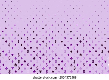 Light purple vector texture with playing cards. Shining illustration with hearts, spades, clubs, diamonds. Pattern for ads of parties, events in Vegas.