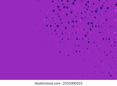 Textura de vetor roxo claro com cartas de baralho. Ilustração colorida com corações, espadas, paus, diamantes. Design para anúncio, cartaz, banner de sites de jogos de azar.