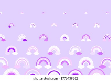 Textura vectorial púrpura clara con arcos de lluvia, nubes. Ilustración abstracta con formas de arco iris degradado. Esbozo para diseños divertidos.