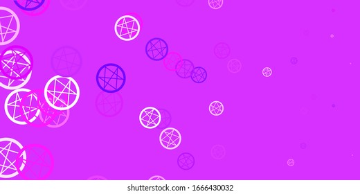 Light Purple vector texture with religion symbols. Colorful mystic symbols with a gradient in ancient style. Design for magic, spiritual events.