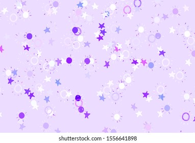 Light Purple vector texture with small stars, suns. Glitter abstract illustration with colored stars, suns. Pattern for astronomy websites.