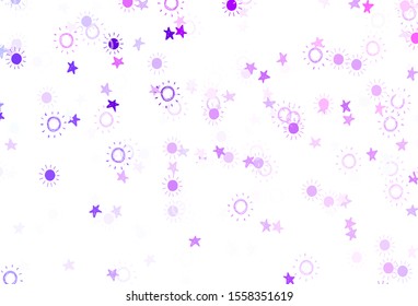 Light Purple vector texture with small stars, suns. Stars, suns on blurred abstract background with gradient. Template for cosmic backgrounds.