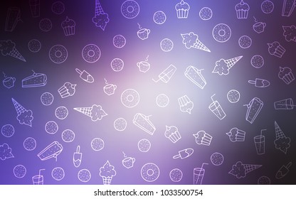 Light Purple vector texture with sweets, candies. Beautiful colored illustration with candies in doodle style. Template of children's food in cafe.