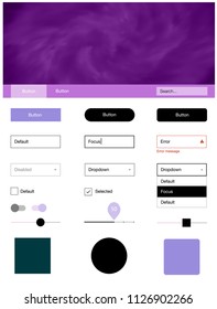 Light Purple vector ui kit with clouds & stars. Web ui kit with abstract gradient clouds in its header. This template you can use for websites.