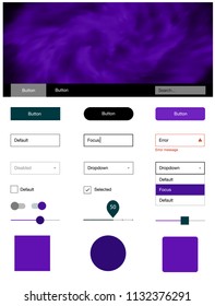 Light Purple vector ui ux kit with space stars. Simple Material Design Kit with colorful clouds in header. Beautiful layout for websites, landing pages.