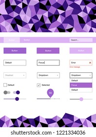 Light Purple vector ui ux kit in triangular style. Colorful ui/ux kit with header consisted of triangles. This template you can use for websites.