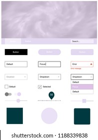 Light Purple vector web ui kit with nebula stars. Simple Material Design Kit with colorful clouds in header. This template you can use for landing pages.