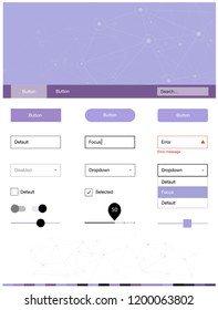 Light Purple vector web ui kit in polygonal style with circles. Style guide in polygonal style with triangles, circles. This template you can use for landing pages.