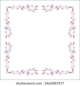 Marco ornamental vegetal morado claro con hojas y flores, borde decorativo, rincones para tarjetas de felicitación, Anuncios, tarjetas de visita, invitaciones, menús. Ilustración vectorial aislada.	