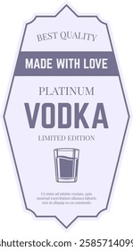 Light purple vintage vodka label featuring a shot glass, best quality, made with love, platinum vodka, limited edition, and lorem ipsum text