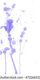 Light purple watercolor splashes and blots on white background. Ink painting. Hand drawn illustration. Abstract artwork. 