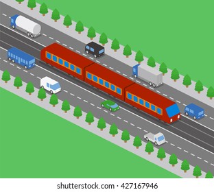 light rail transit system and various vehicles, streetcar, birds-eye view, vector illustration