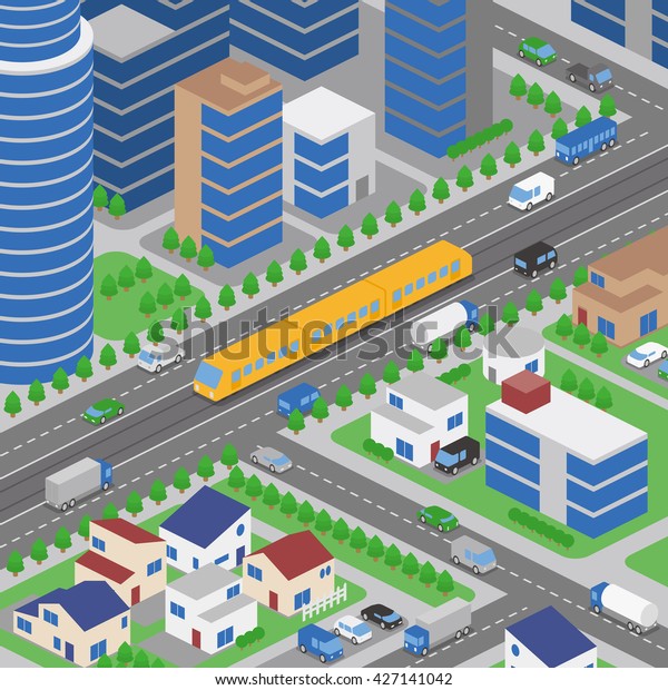 light rail transit system and\
various vehicles, streetcar, birds-eye view, vector\
illustration