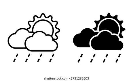 Conjunto de iconos de lluvia ligera. Un ícono de Clima simple esbozado parcialmente soleado y lluvioso que representa un pronóstico con el sol parcialmente cubierto por nubes y lluvia que cae.
