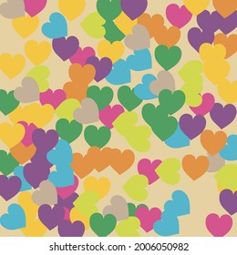 Light Rainbow Hearts Love Confetti Vector Style. Colorful Beige Pastel Saint Valentine Modern Design. Purple Multicolor Violet Trendy Detailed Fabric. Yellow Pink Romantic Wedding Art Background.