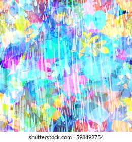 Light rainbow rainy background with leaves. Abstract floral seamless texture for fabric, home decor, wrapping, boho design. Festive colors. Watercolor effect