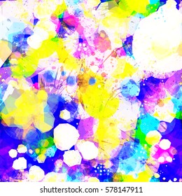 Light rainbow stains. Grunge pattern. Mix pigments. Yellow, white, purple, blue, green colors. Abstract seamless background. Vector texture. Watercolor effect