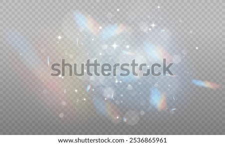 The light of Rainbow and white dust. Bokeh light effect background png. A gorgeous Christmas glowing dust background. A beautiful Rainbow flickering glow with confetti bokeh light and crystal flare.	
