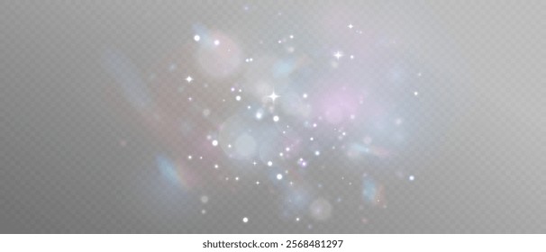 Light of Rainbow and white dust. Magic Dust in the night sky. Christmas Bokeh Lights. Bokeh light effect background png. Holiday Designs for poster, postcard on a transparent background, png. Holiday 